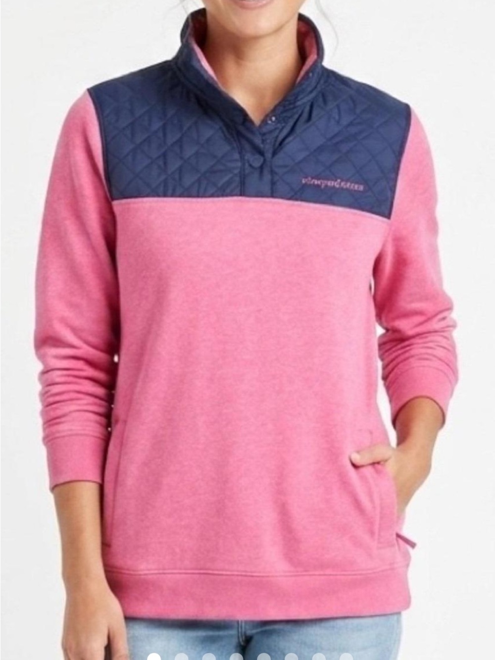 Vineyard Vines Pink Pullover with Navy Quilted Yoke medium